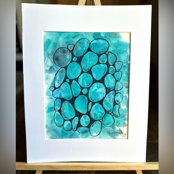 Other - Hand-Made New Watercolor Art Blue Pebbles